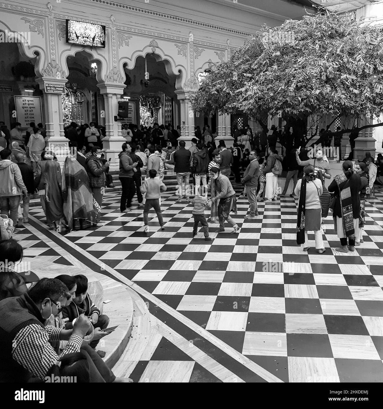 Vrindavan, India, February 12 2022 - Pilgrims in ISCON temple during the sacred month of Kartika, Inside view of Vrindavan ISKON temple during Ekadash Stock Photo