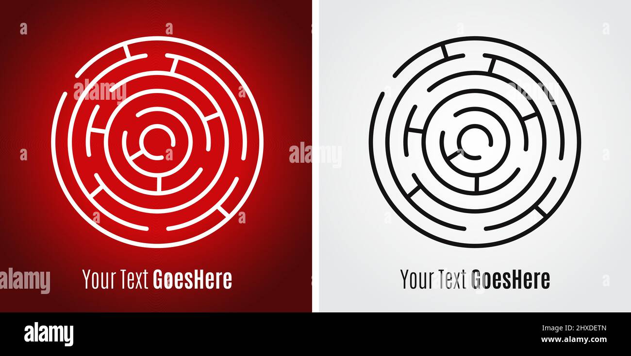 Circular maze isolated on Red and white backgrounds. Challenge, problem, confusion and solution concept. Flat design - Editable Vector illustration Stock Vector