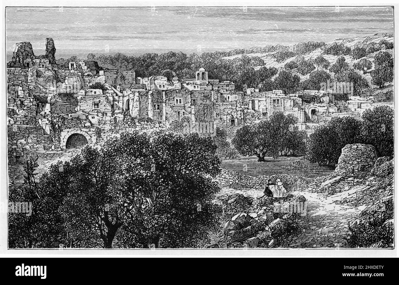 Engraving of the village of Bethany, circa 1880 Stock Photo