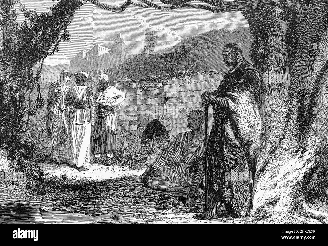 Engraving of Syrians rest from the hot sun, circa 1880 Stock Photo