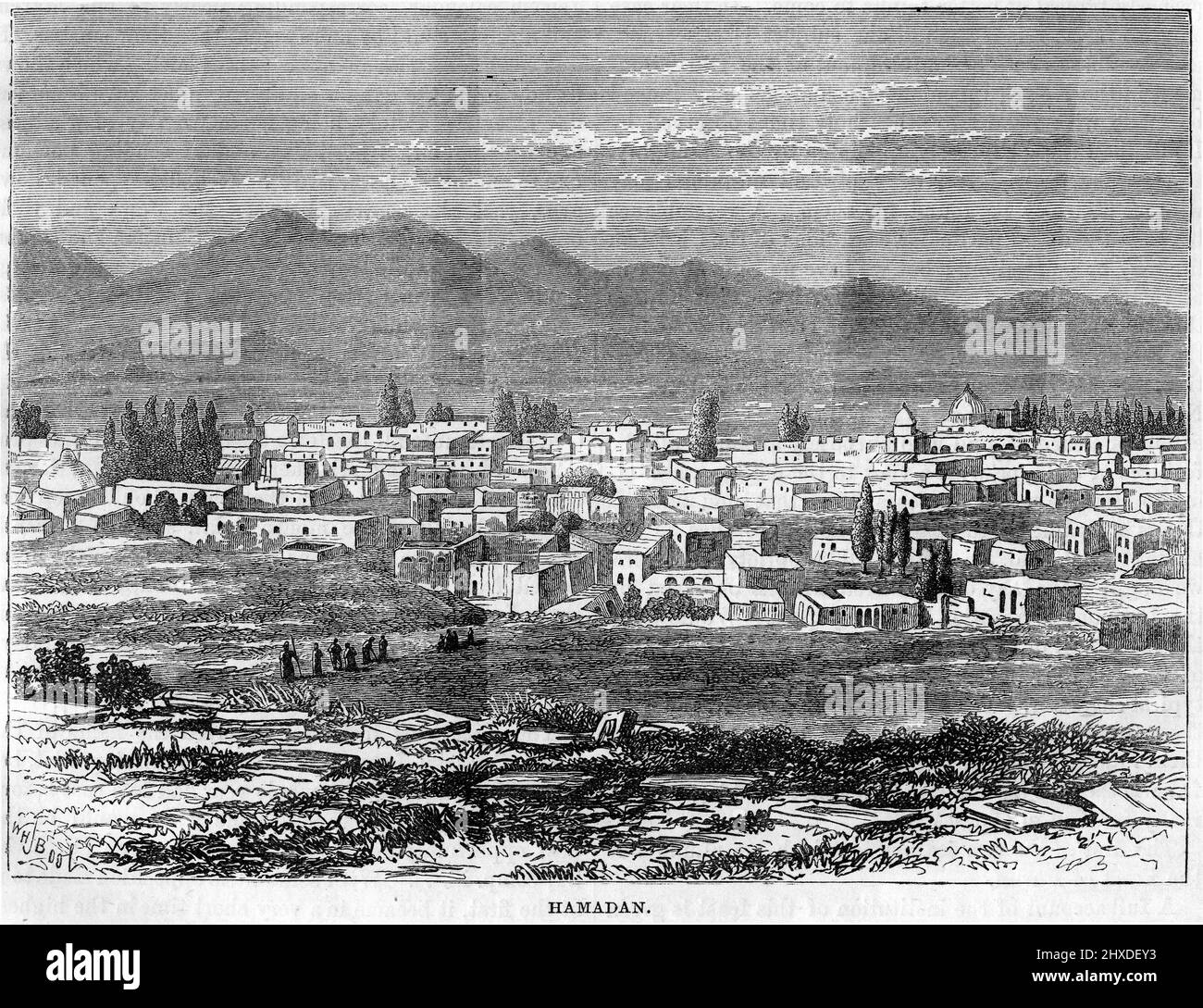 Engraving of the city of Hamadan in modern Iran, capital city of the Medes around 700BC. Engraving circa 1880 Stock Photo