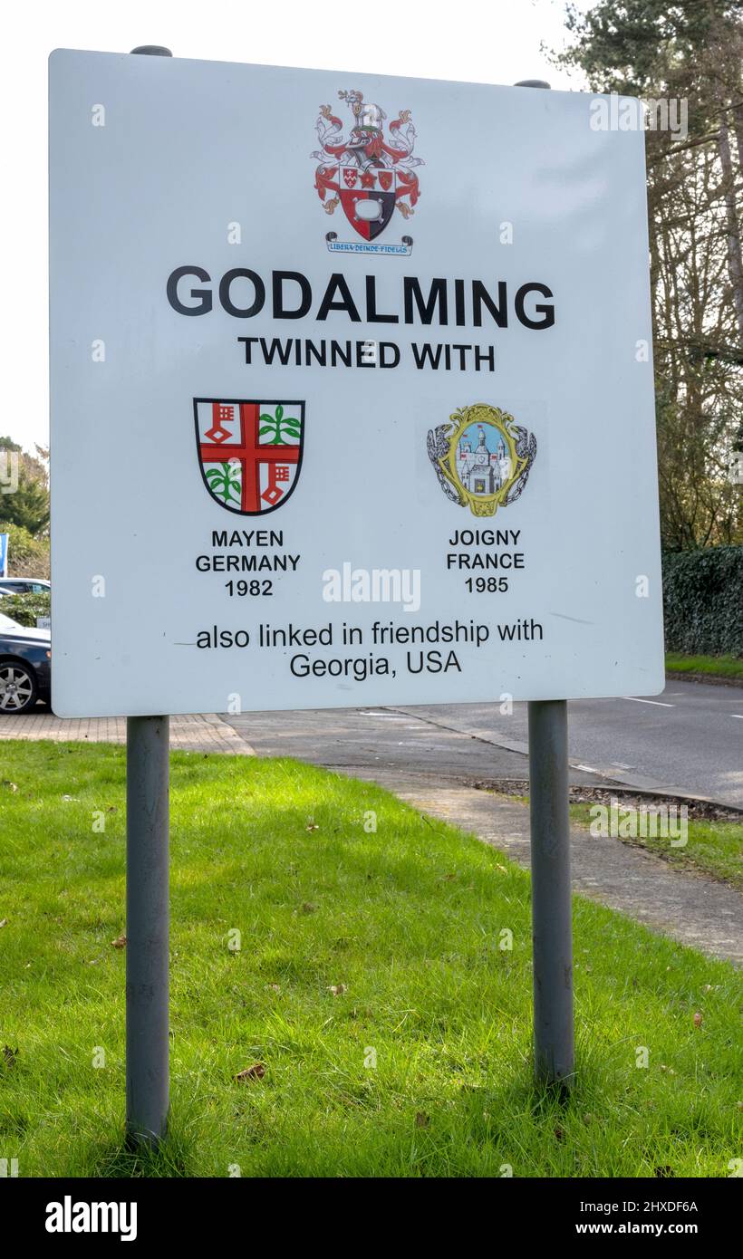to sign at boundary of Godalming, Surrey, England, UK Stock Photo Alamy