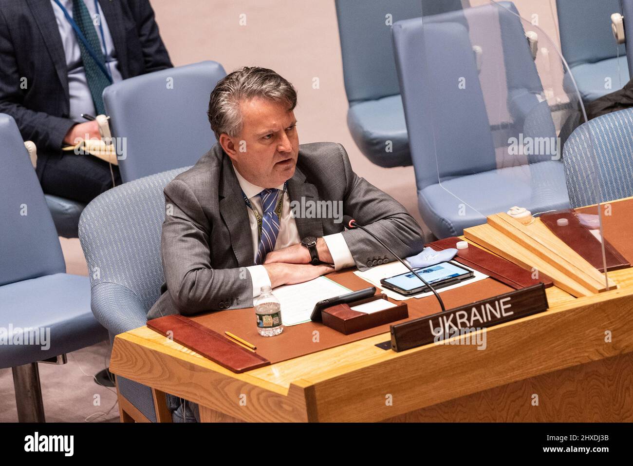New York, USA. 11th Mar, 2022. Ukrainian Ambassador Sergiy Kyslytsya speaks at Security Council meeting at UN Headquarters in New York on March 11, 2022. Meeting was convened at the request of the Russian Federation who accused Ukraine of developing biological weapons under the tutelage of the United States without providing any evidence. (Photo by Lev Radin/Sipa USA) Credit: Sipa USA/Alamy Live News Stock Photo