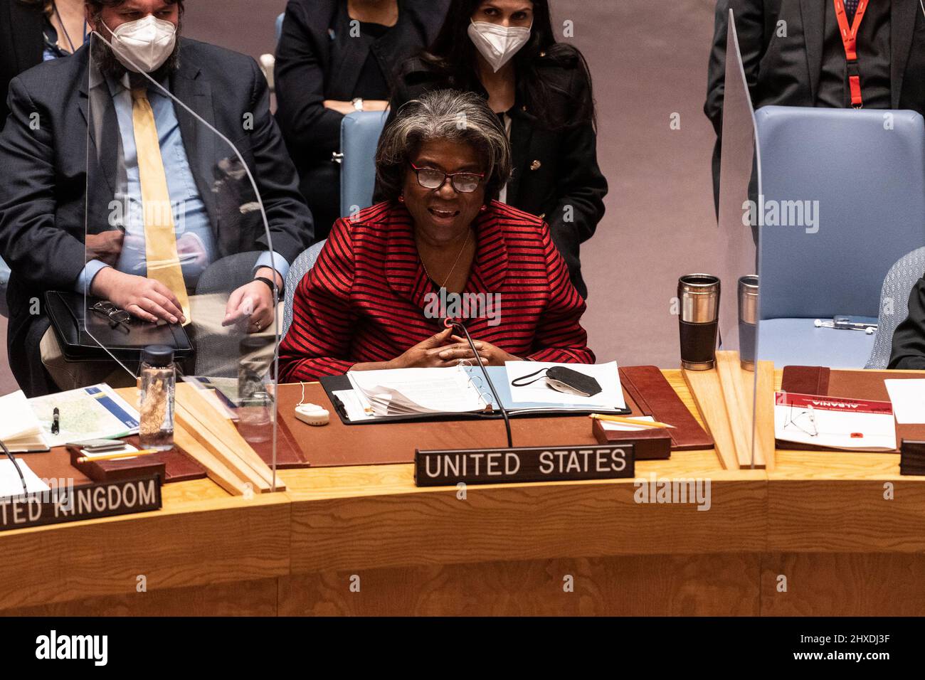 New York, USA. 11th Mar, 2022. US Ambassador Linda Thomas-Greenfield speaks at Security Council meeting at UN Headquarters in New York on March 11, 2022. Meeting was convened at the request of the Russian Federation who accused Ukraine of developing biological weapons under the tutelage of the United States without providing any evidence. (Photo by Lev Radin/Sipa USA) Credit: Sipa USA/Alamy Live News Stock Photo
