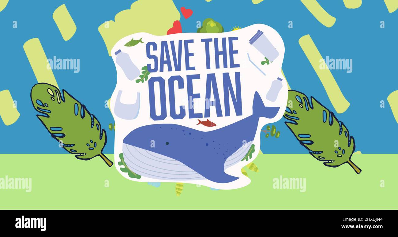 Image of save the ocean text with fish and leaves on blue and green background Stock Photo