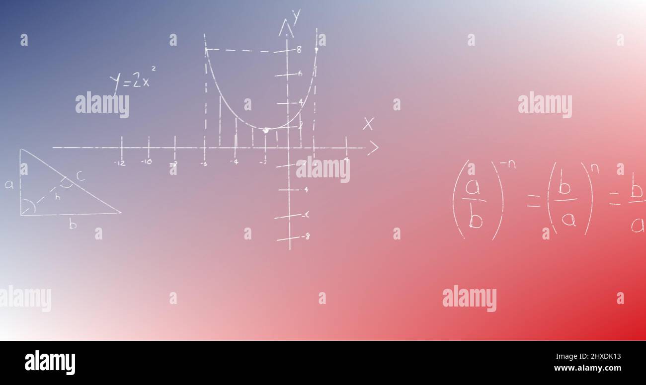 Image of handwritten mathematical formulae over blue to red background