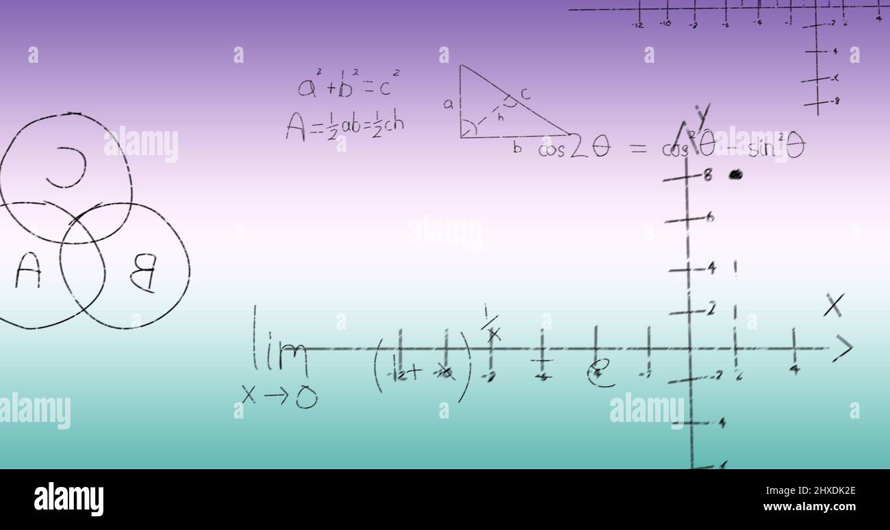 Image of handwritten mathematical formulae over blue to purple ...