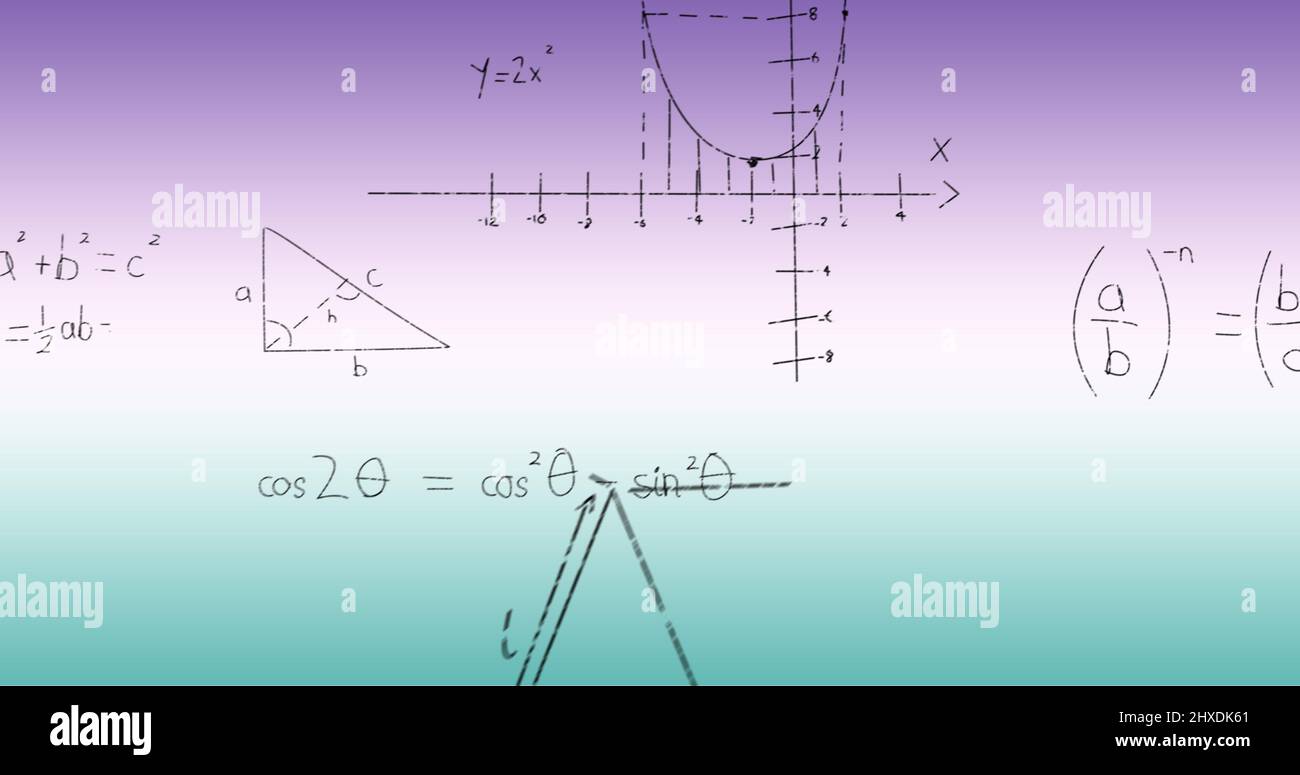 Image of handwritten mathematical formulae over blue to purple ...