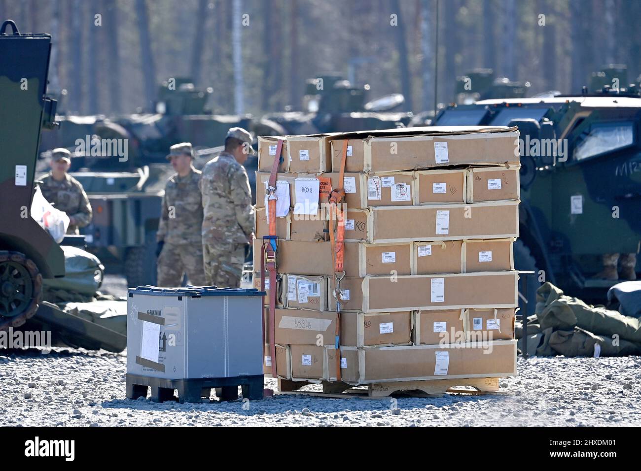 Grafenwoehr, Germany. 11th Mar 2022. Material afterfeed before loading onto vehicles. Prime