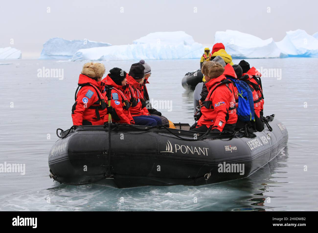 Passengers from the Ponant cruise ship Le Boreal are returning to the ship after visiting the Gentoo penguin colony on Cuverville Island, Antarctica. Stock Photo