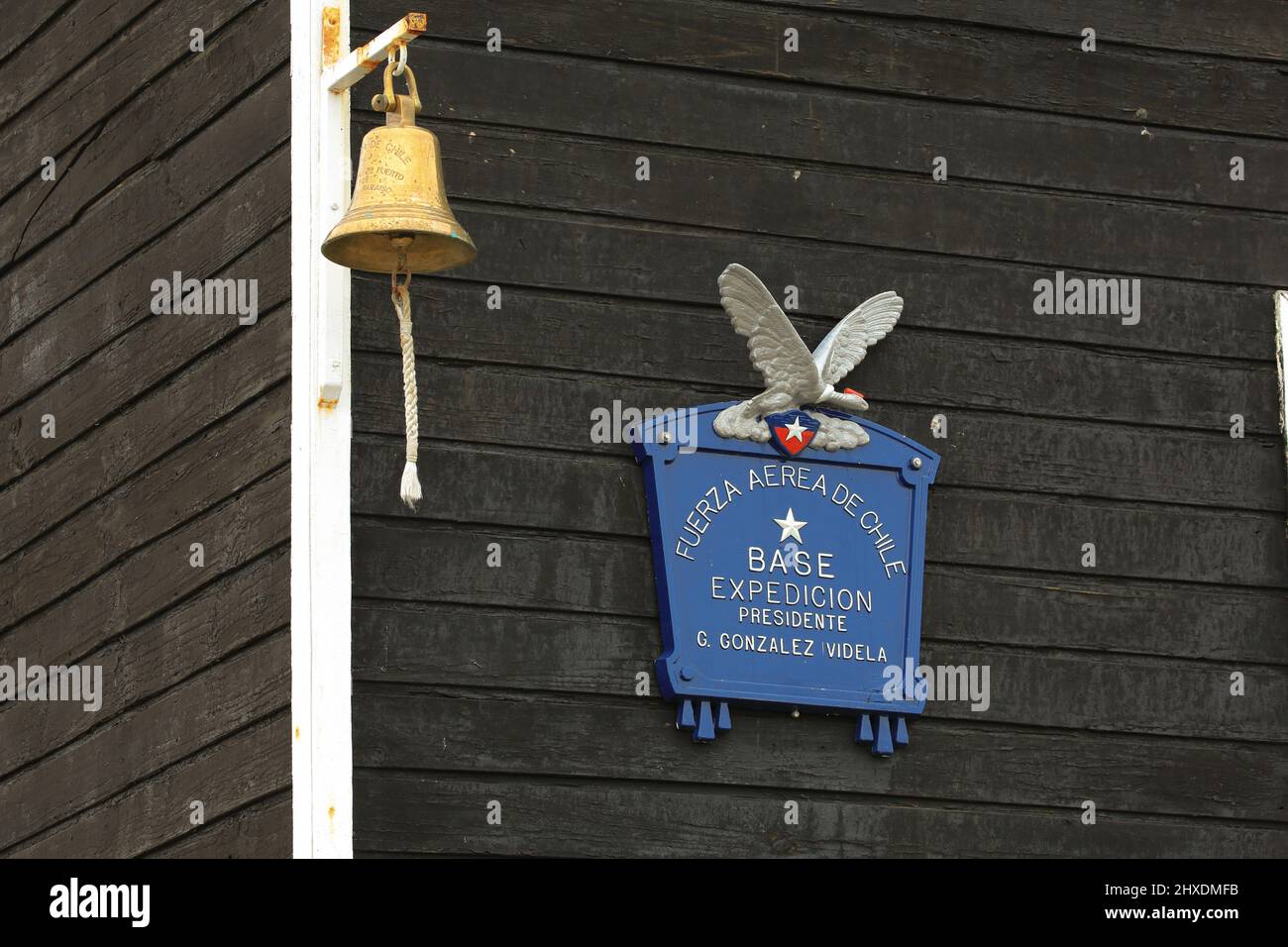 Plaque and bell at the Chilean González Videla Antarctic Base, Antarctic Peninsula. Stock Photo