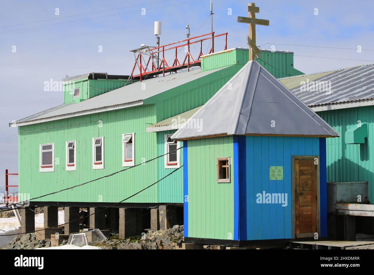 Small church at the Vernadsky Research Base is a Ukrainian Antarctic Station located on Galindez Island in the Argentine Islands, Antarctic Peninsula. Stock Photo