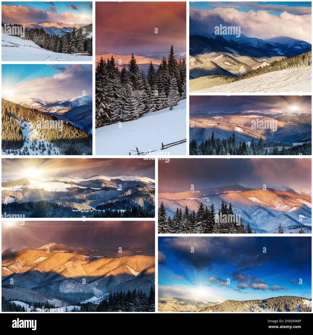 Creative collage of many nature photos. Carpathian, Ukraine, Europe. Beauty world. Stock Photo