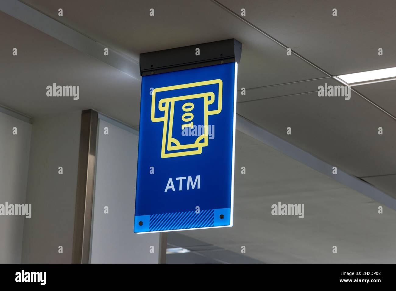 Interior air terminal the ATM signs on International Airport Stock Photo Alamy