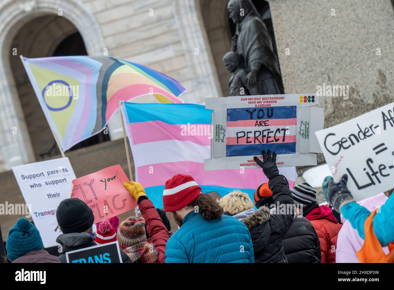 St. Paul, Minnesota. March 6, 2022. Because the attacks against transgender kids are increasing across the country Minnesotans hold a rally at the ca Stock Photo