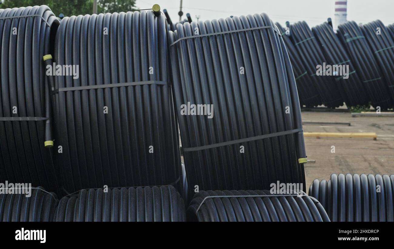 Warehouse of finished plastic pipes industrial outdoors storage site