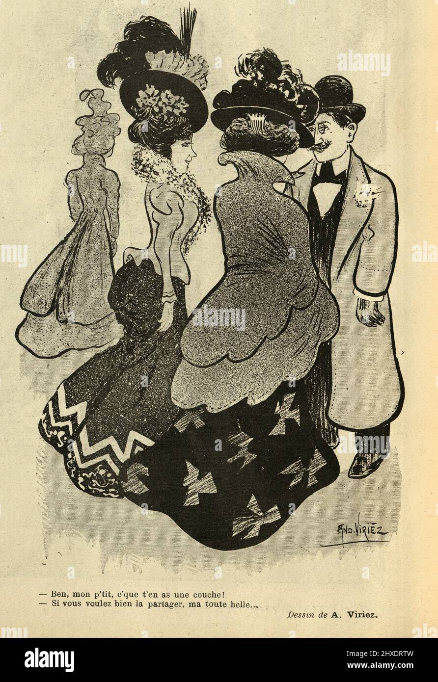 Vintage French cartoon, Man talking to two well dressed woman, 1890s, 19th Century. Ben, mon p'tit, c'que t'en as une couche ! Si vous voulez bien la partager, ma toute belle. Ben, my little one, that you have a layer! If you want to share it, my beautiful one Stock Photo