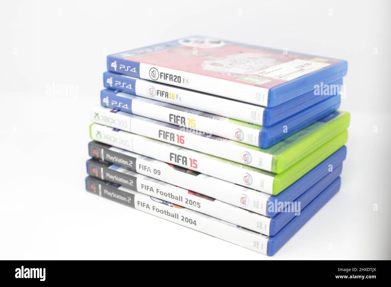 A variety of FIFA video games from different years for Playstation and XBOX Stock Photo