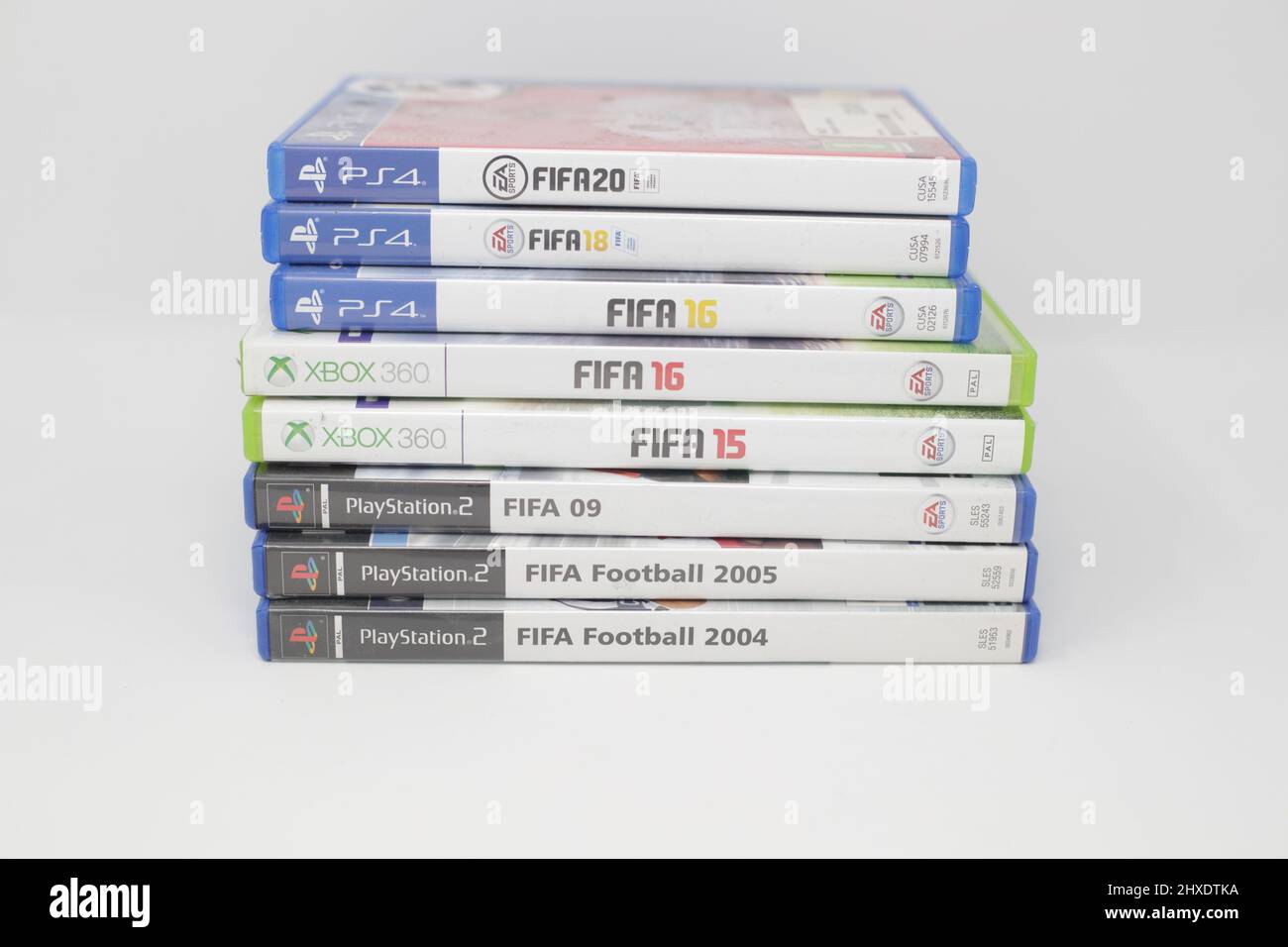A variety of FIFA video games from different years for Playstation and XBOX Stock Photo