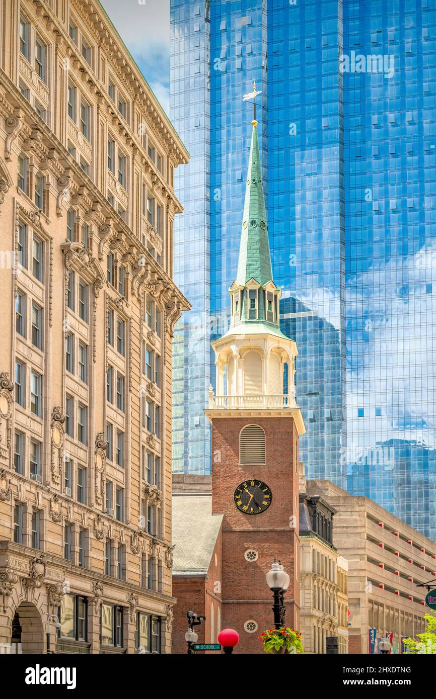 The Old South Meeting House, historic Congregational church, in downtown Boston Massachusetts. Famous as the organizing point for the Boston Tea Party Stock Photo