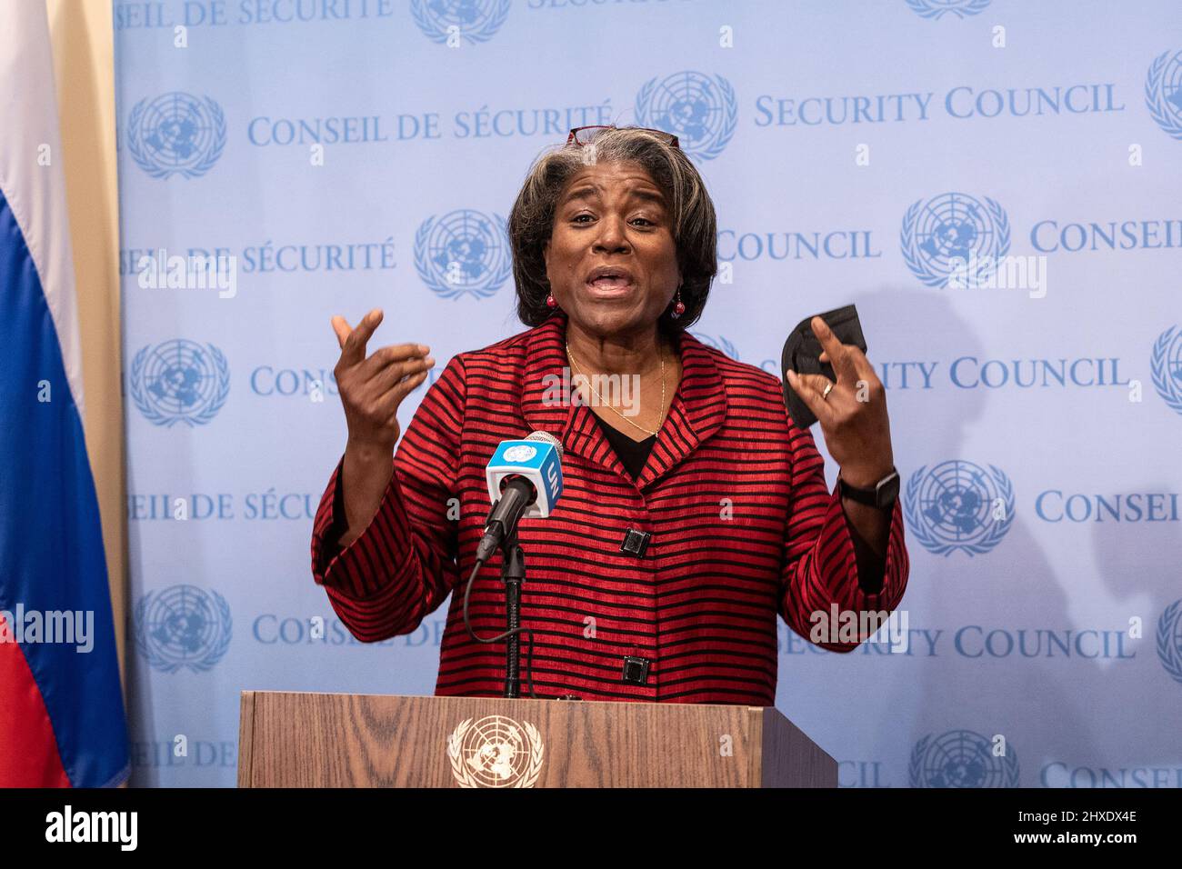New York, United States. 11th Mar, 2022. US Ambassador Linda Thomas-Greenfield makes a statement at a stakeout at the Security Council at UN Headquarters. Meeting was convened at the request of the Russian Federation who accused Ukraine of developing biological weapons under the tutelage of the United States without providing any evidence. (Photo by Lev Radin/Pacific Press) Credit: Pacific Press Media Production Corp./Alamy Live News Stock Photo