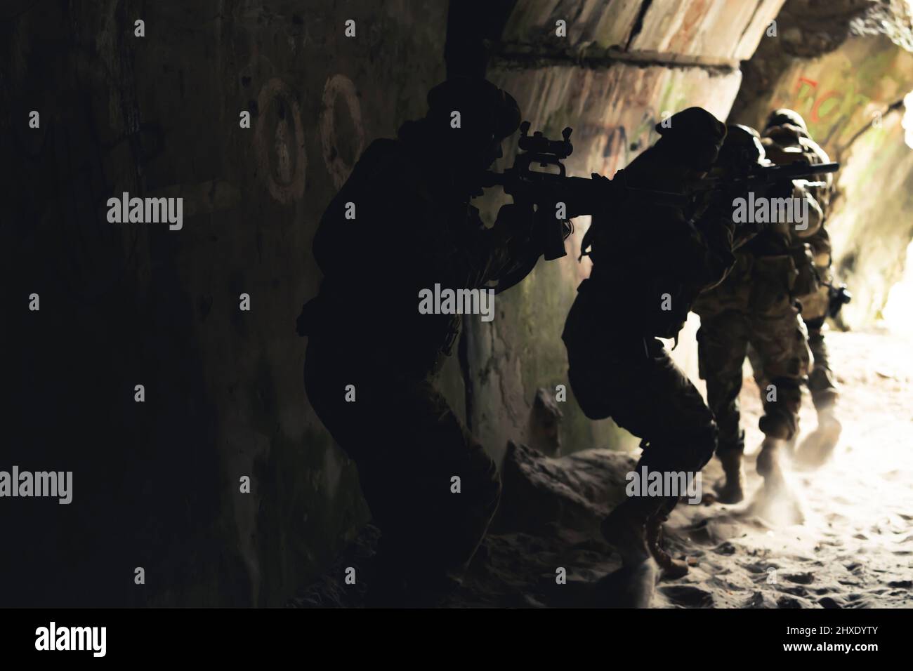 Built up tunnel channel having sneaky squad of commandos. High quality photo Stock Photo