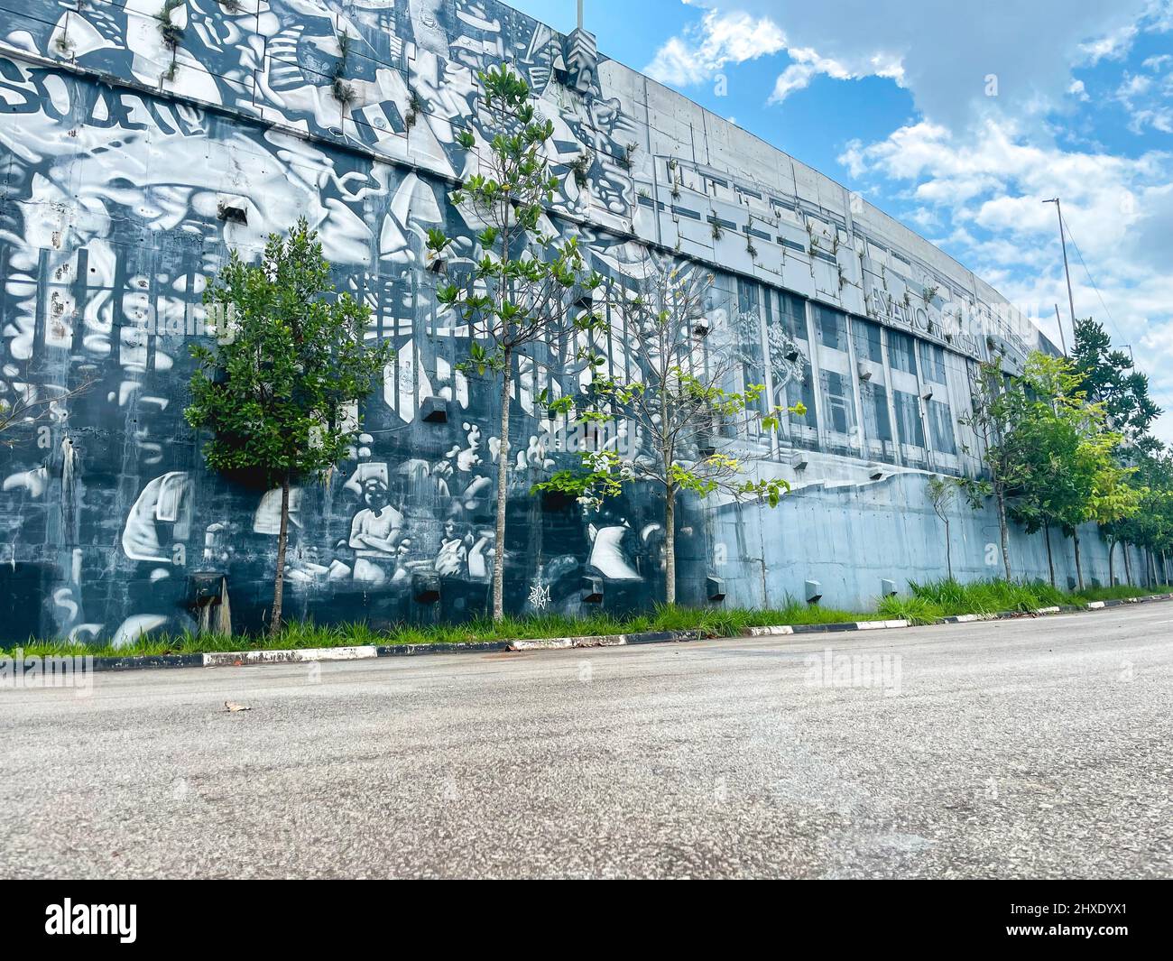 Wall with graffiti from the logo's of the football club Corinthians, next to the stadium. Sao Paulo, Brazil, Februari 19 2022. Stock Photo