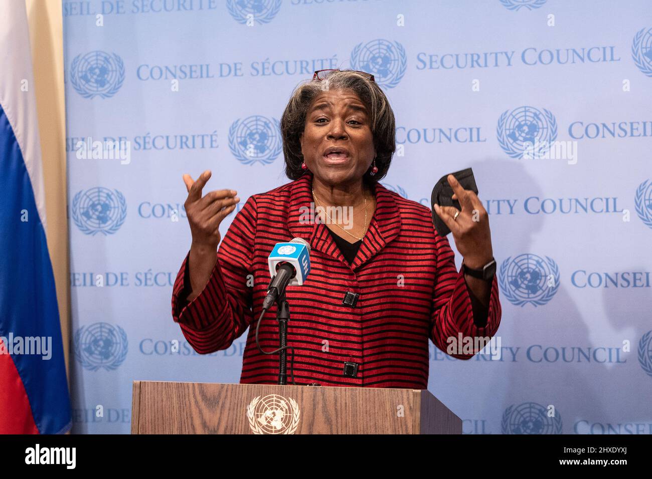 New York, New York, USA. 11th Mar, 2022. US Ambassador Linda Thomas-Greenfield makes a statement at a stakeout at the Security Council at UN Headquarters. Meeting was convened at the request of the Russian Federation who accused Ukraine of developing biological weapons under the tutelage of the United States without providing any evidence. (Credit Image: © Lev Radin/Pacific Press via ZUMA Press Wire) Stock Photo