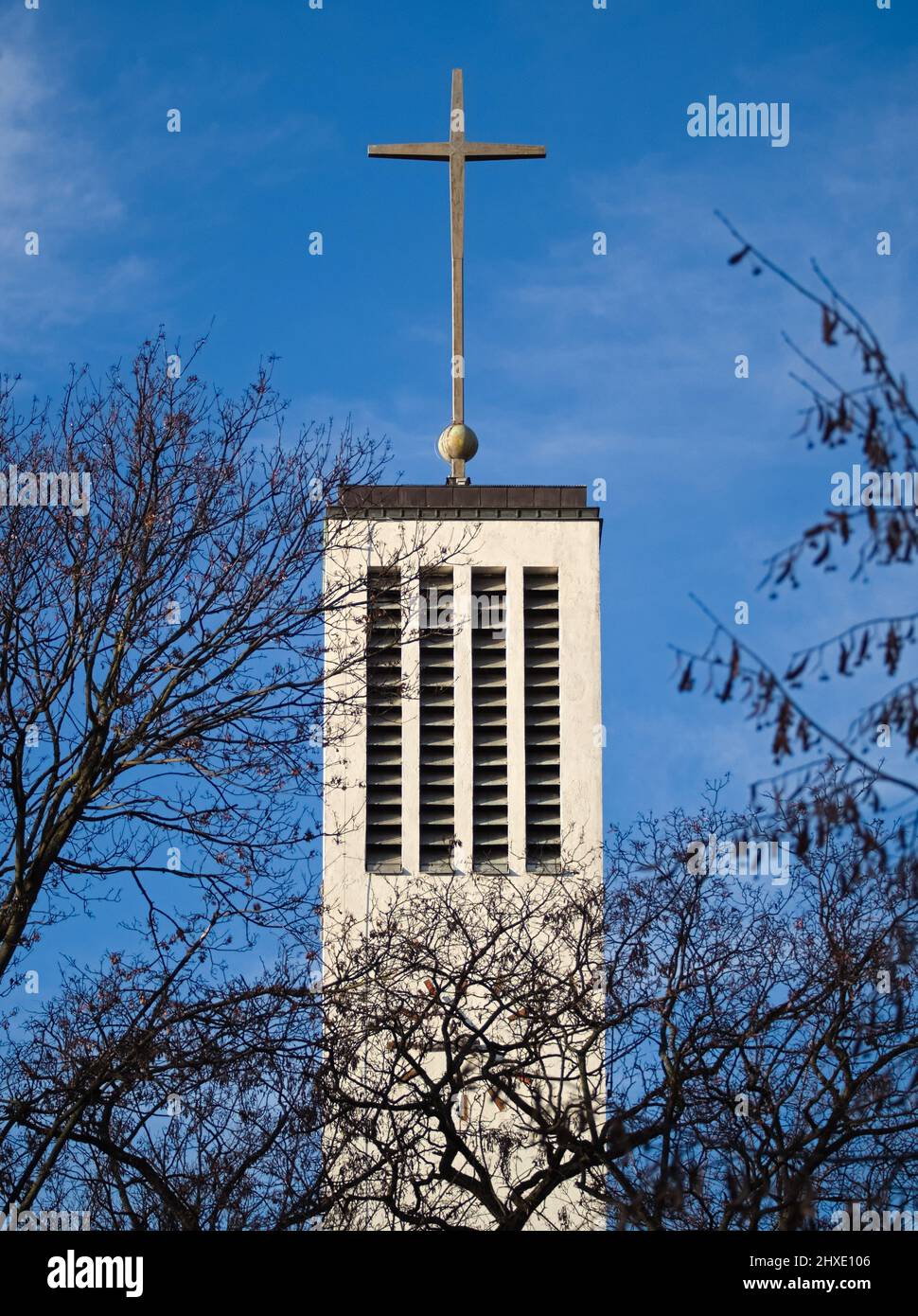 Modern Church Tower with Big Metal Cross Stock Photo