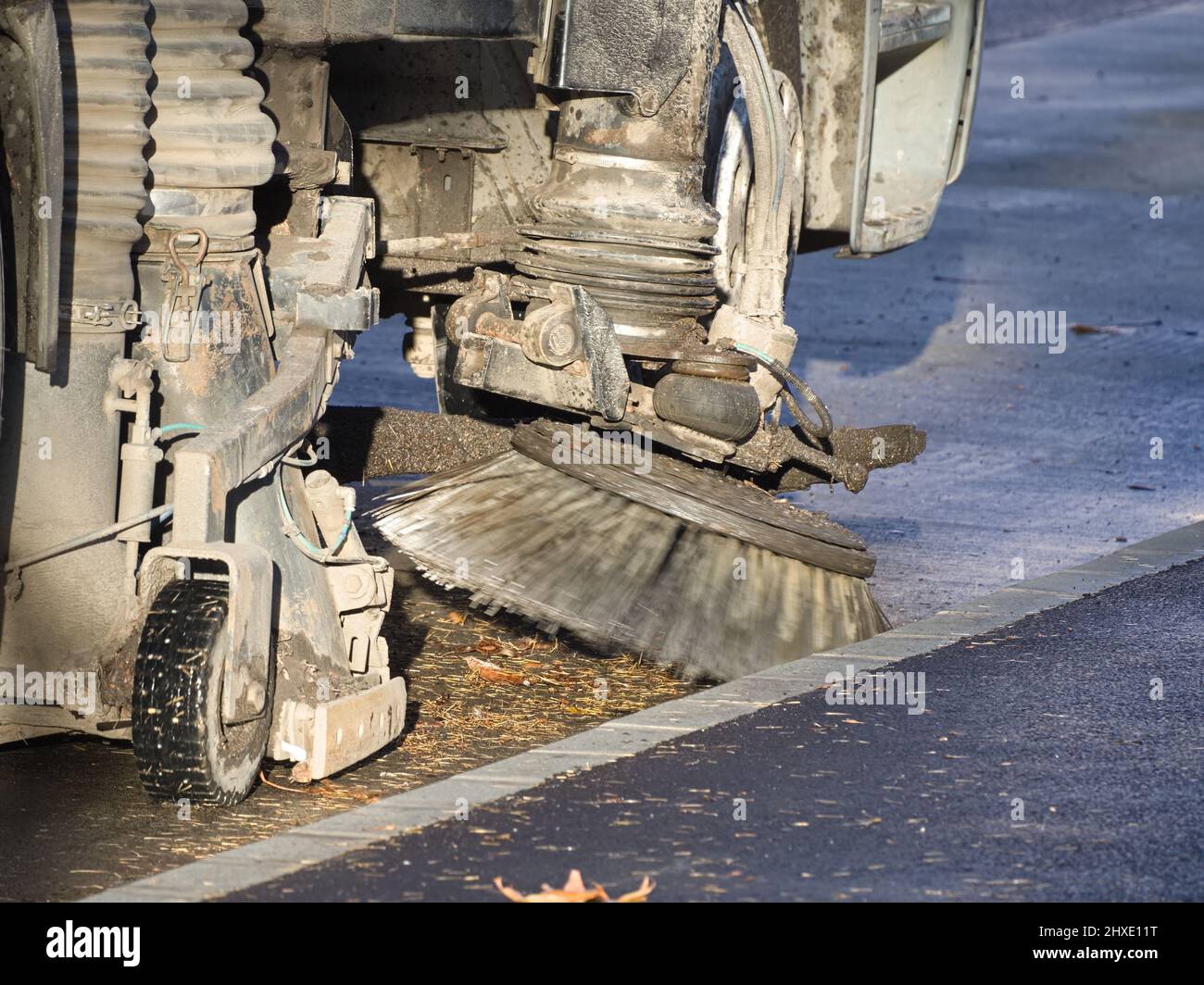 Street Sweeping Machine Cleaning Public Road Closeup Stock Photo