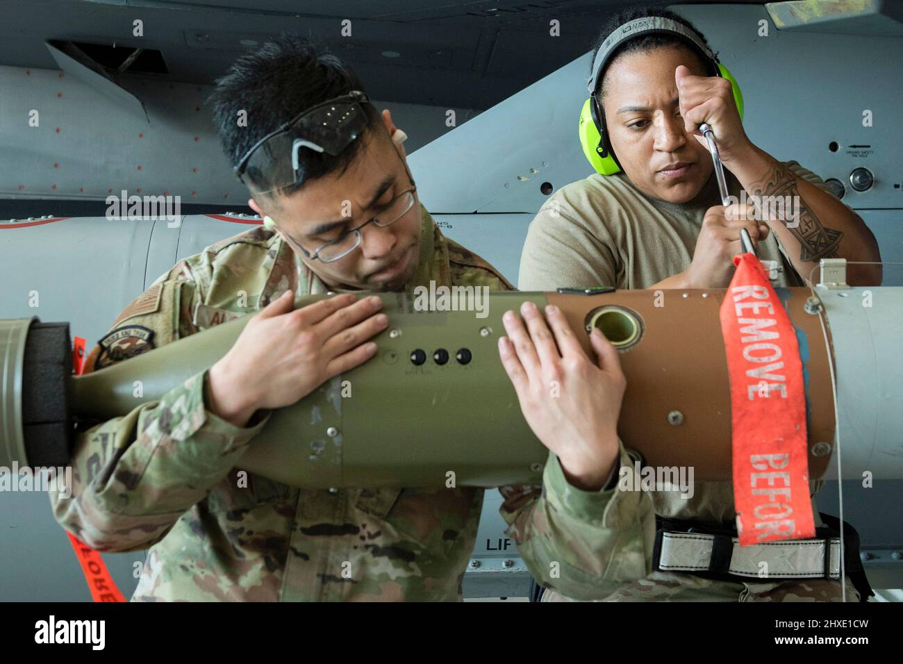 Eglin Air Force Base, Florida, USA. 25th Feb, 2022. A 96th Aircraft Maintenance Squadron Blue team secures the guidance system onto a GBU-12 during the squadron's annual weapons load competition Feb. 25 at Eglin Air Force Base, Fla. The quick paced competition tests the knowledge and proficiency of the Airmen. The winning load crew is scheduled to be announced at the Maintenance Professionals of the Year Banquet in April. Credit: U.S. Air Force/ZUMA Press Wire Service/ZUMAPRESS.com/Alamy Live News Stock Photo