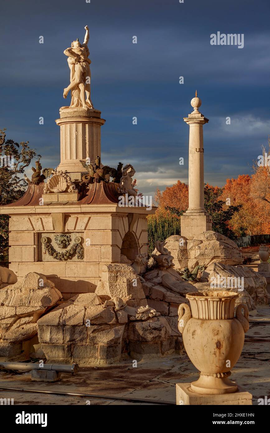 Fountain of Hercules and Antaeus in the Parterre Garden, a Greek hero who, driven mad by Juno, killed his children. Aranjuez. Madrid. Stock Photo
