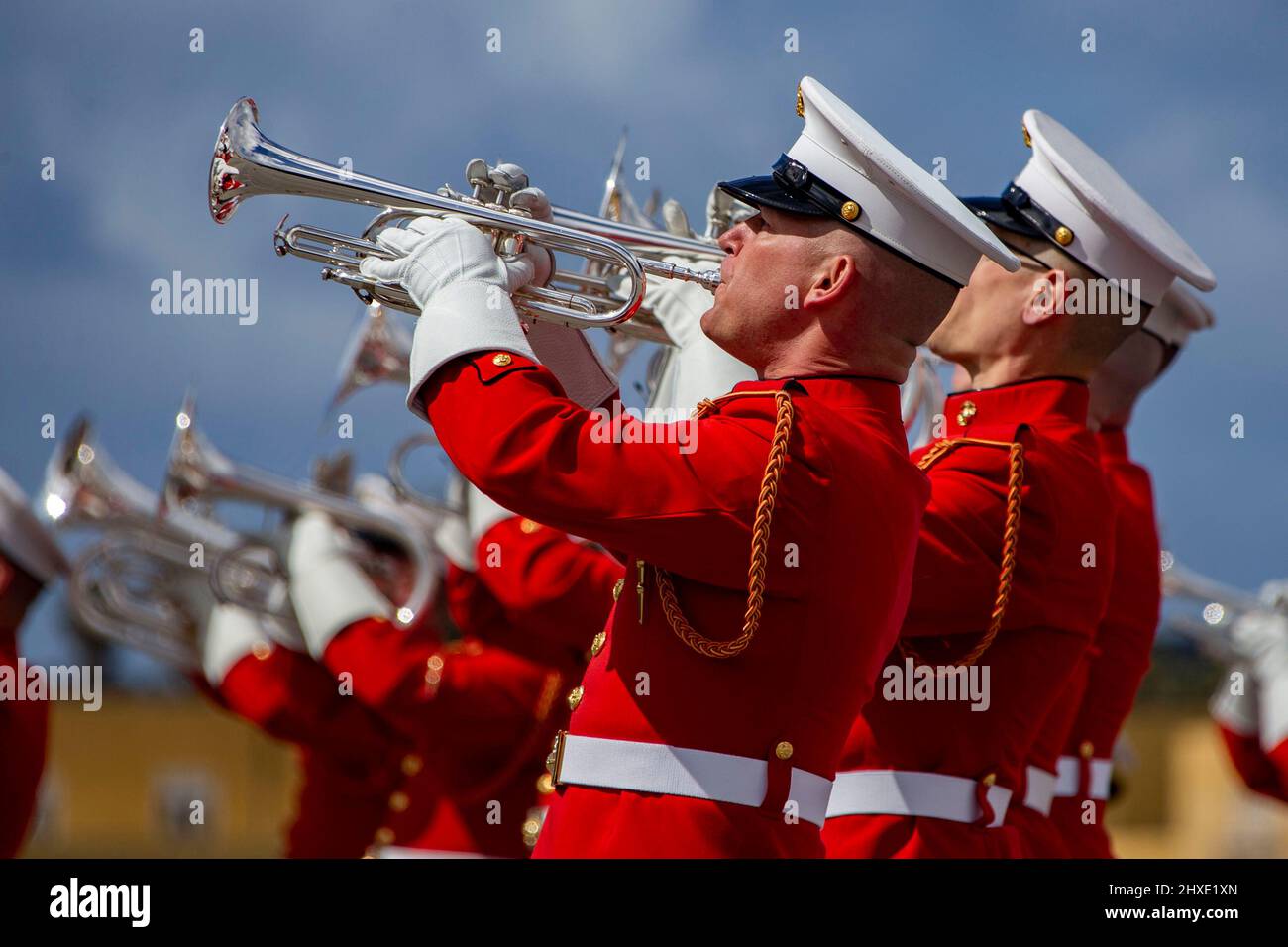 San Diego, California, USA. 5th Mar, 2022. U.S. Marines with Marine Drum and Bugle Corps, Battle Color Detachment, Marine Barracks Washington, DC, perform during the centennial celebration at Marine Corps Recruit Depot (MCRD) San Diego, March 5, 2022. The event commemorates the founding of Marine Corps Recruit Depot San Diego in 1921, and consisted of performances by the U.S. Marine Corps Silent Drill Platoon, the U.S. Marine Drum & Bugle Corps, and a ribbon-cutting ceremony outside of the Command Museum. Credit: U.S. Marines/ZUMA Press Wire Service/ZUMAPRESS.com/Alamy Live News Stock Photo