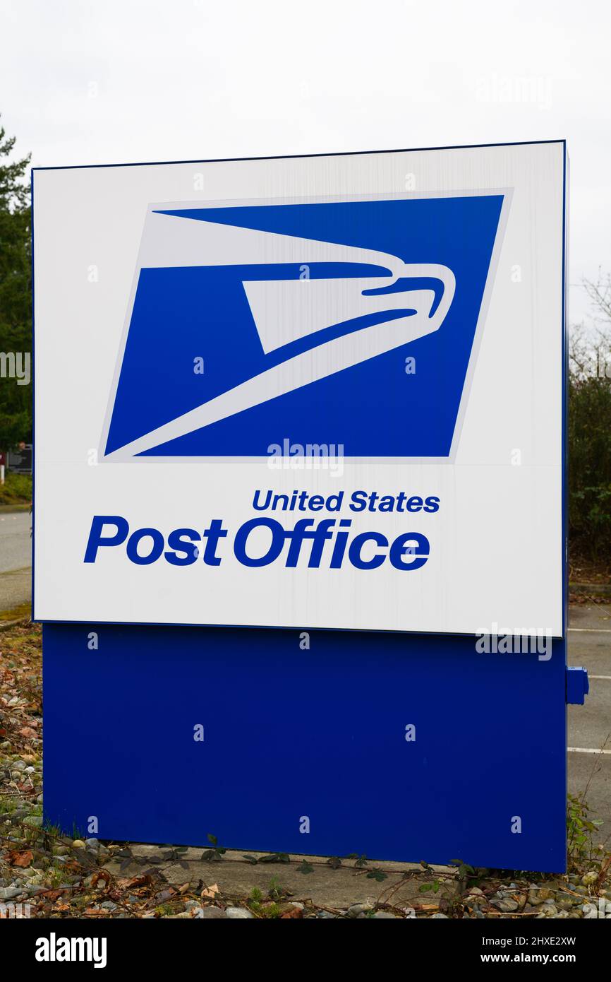 Bellevue, WA, USA - March 06, 2022; Pedestal sign for a United States Post Office in blue and white Stock Photo