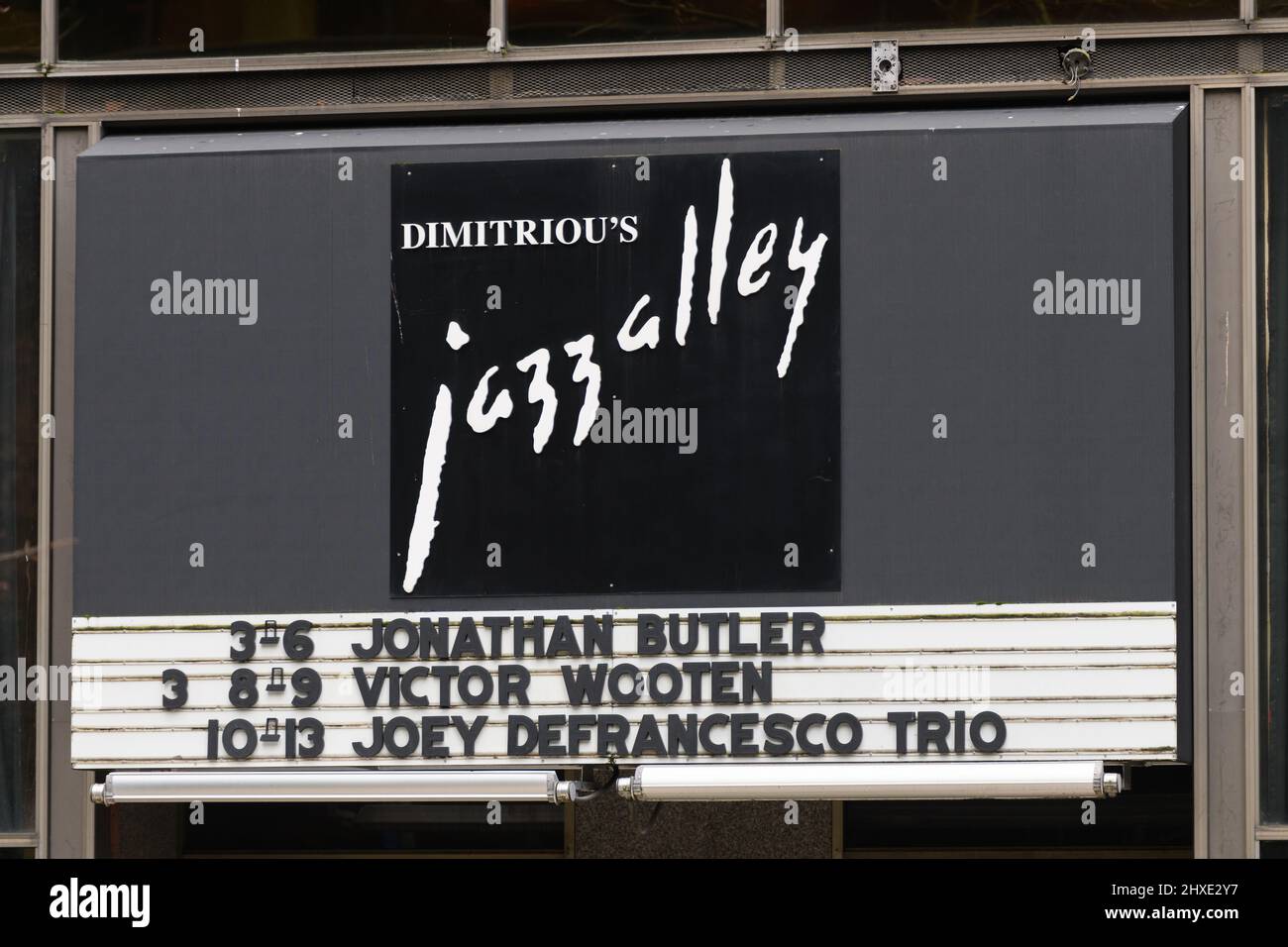 Seattle, - March 06, 2022; Sign at Dimitriou's Jazz Alley in Seattle with a listing of future appearences in March 2022 Stock Photo