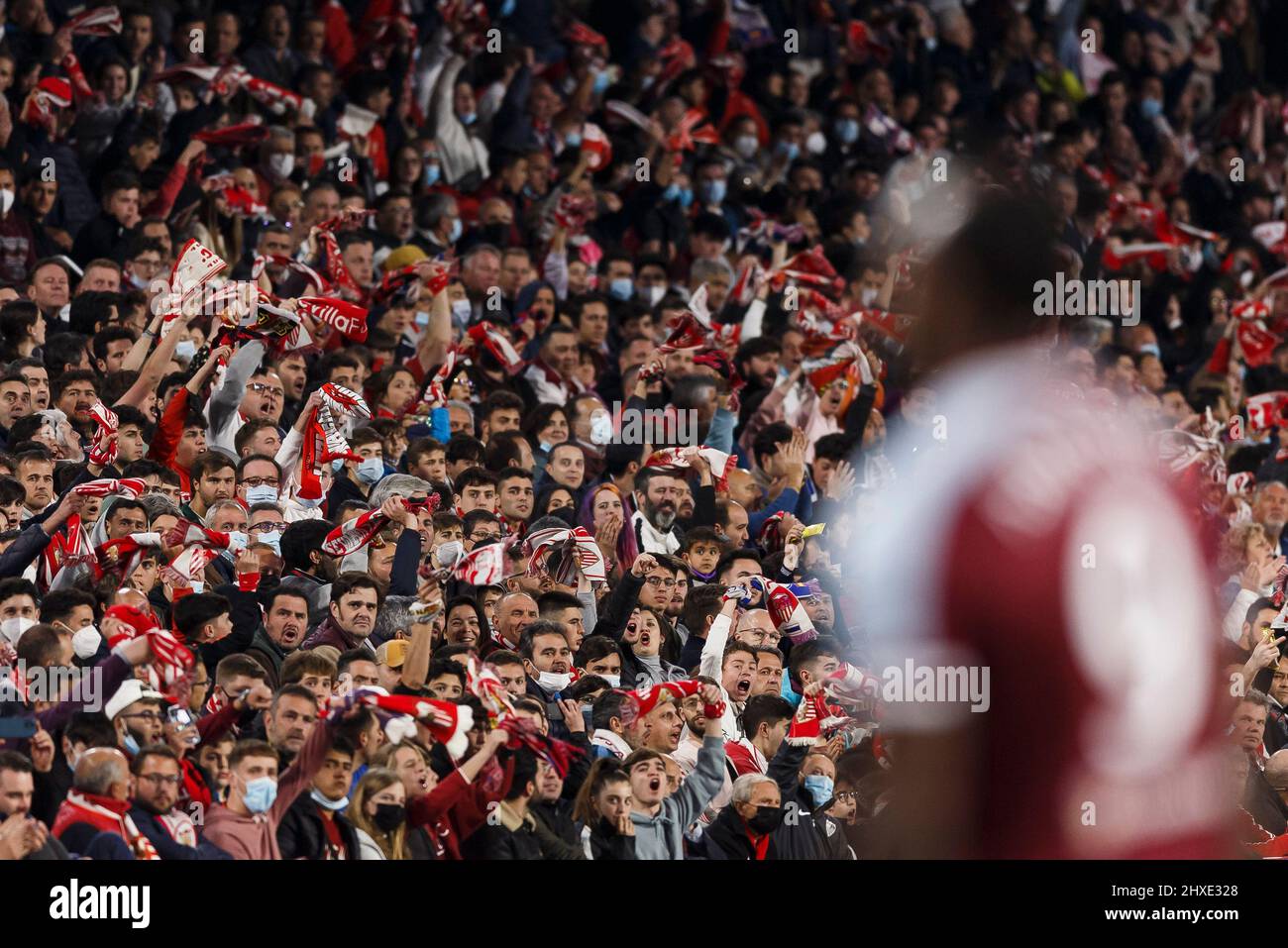 Seville, Spain. 10th Mar, 2022. Sevilla fans during the UEFA Europa League Round of 16 first leg match between Sevilla and West Ham United at Ramon Sanchez Pizjuan Stadium on March 10th 2022 in Seville, Spain. (Photo by Daniel Chesterton/phcimages.com) Credit: PHC Images/Alamy Live News Stock Photo