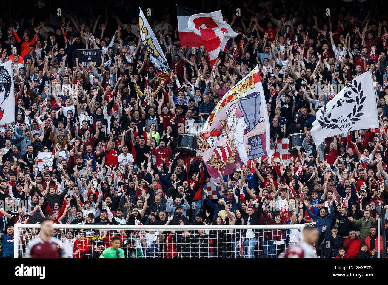 Seville, Spain. 10th Mar, 2022. Sevilla fans during the UEFA Europa League Round of 16 first leg match between Sevilla and West Ham United at Ramon Sanchez Pizjuan Stadium on March 10th 2022 in Seville, Spain. (Photo by Daniel Chesterton/phcimages.com) Credit: PHC Images/Alamy Live News Stock Photo