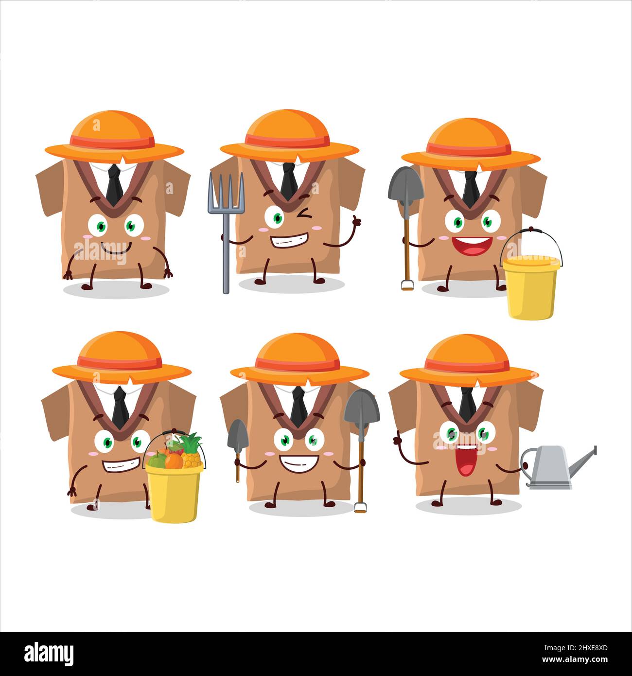 Farmer school uniform brown cute mascot character with fork. Vector illustration Stock Vector