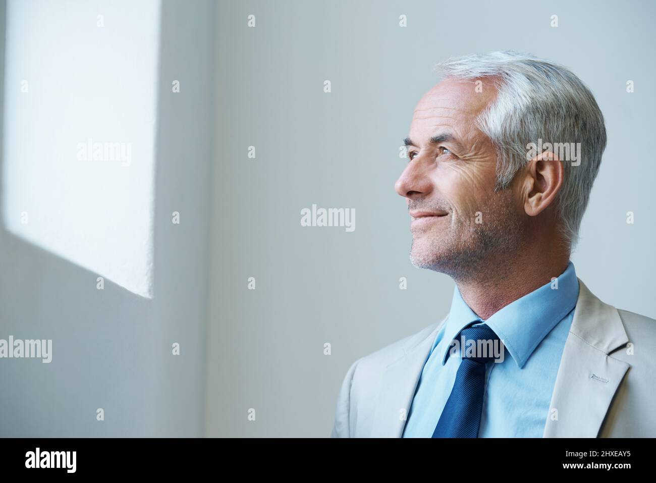 Time for business. Shot of a thoughtful-looking mature businessman looking out of a window. Stock Photo
