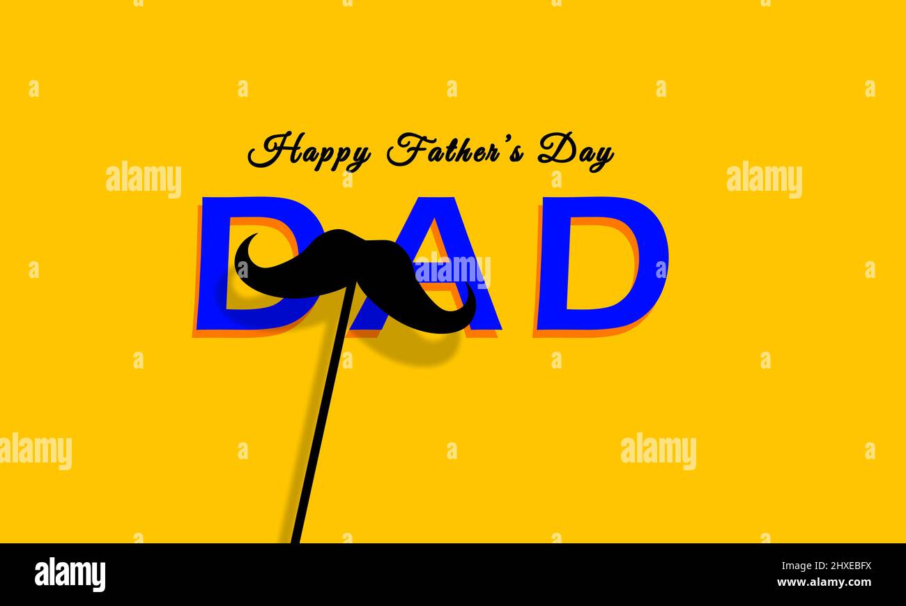 Happy fathers Day Dad text and Mustache in yellow Background. Minimal Design Stock Photo