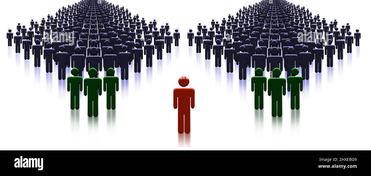 Lead a Community, organization or Army Concept Crowd of Ordinary people with Leader and superiors. Teamwork and Leadership Stock Photo