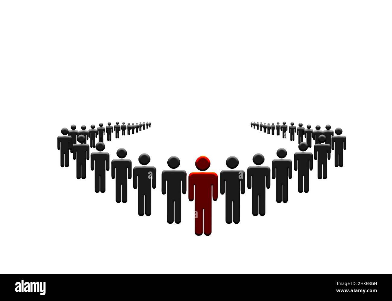 One Man Leads The Crowd Concept. Organized People with Leader Unique Character. Leadership and Businessman Teamwork Stock Photo