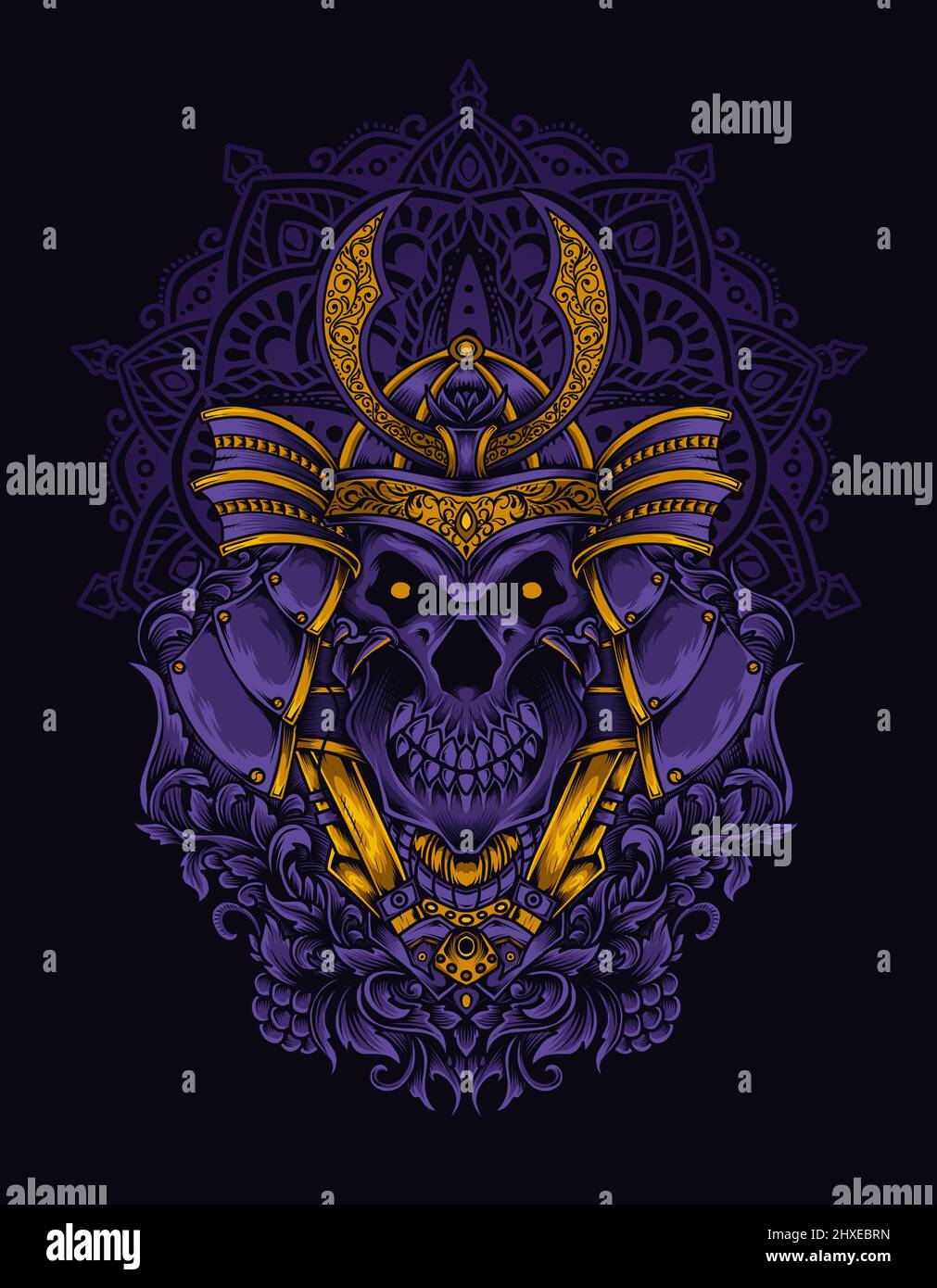 illustration vector samurai skull head with engraving ornament Stock Vector