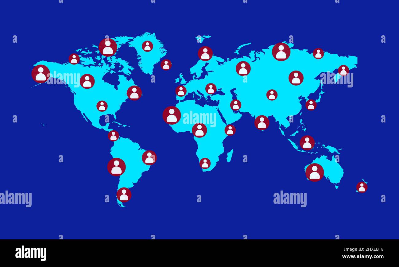 People icon Over world map. Simple illustration of Users in Globe blue Planet Stock Photo