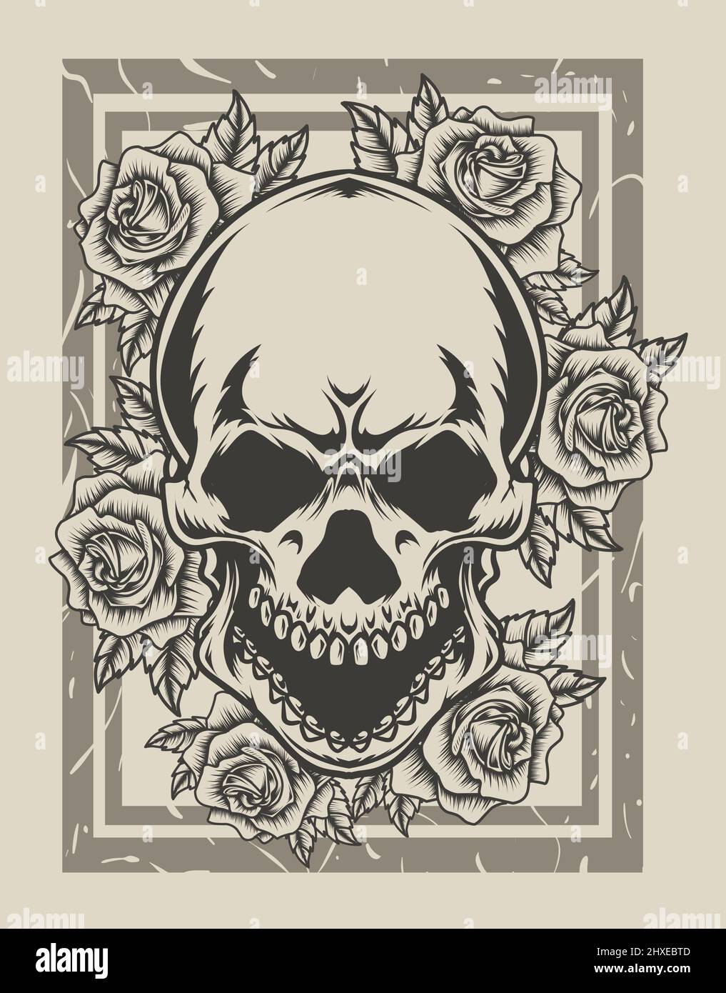 illustration skull head with rose flower monochrome style Stock Vector ...