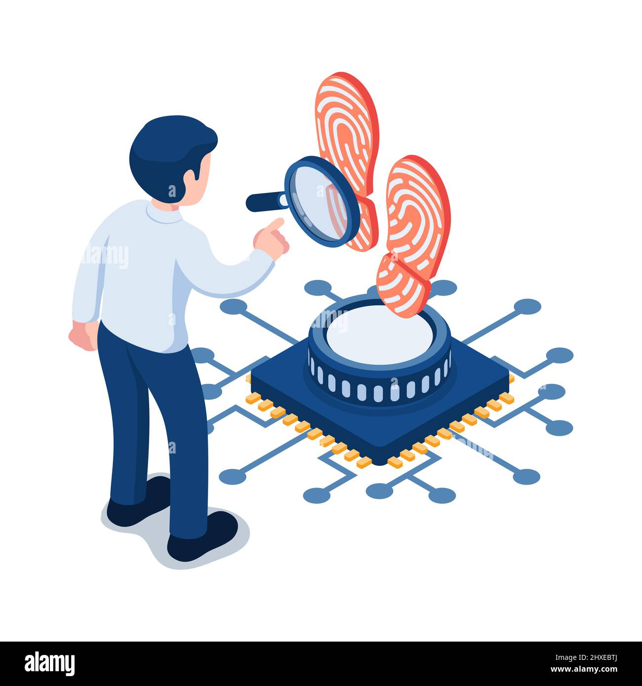 Flat 3d Isometric Businessman Analyze Digital Footprint. Digital