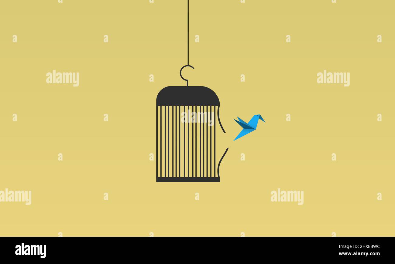 Birdcage freedom Minimal concept. Liberty Illustration. Origami Free Paper Bird Fly Away Stock Photo