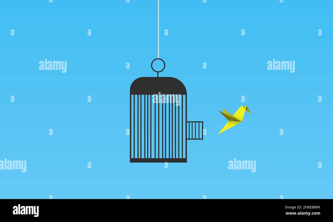 Bird cage freedom concept. Illustration. Origami Free paper Bird Stock Photo