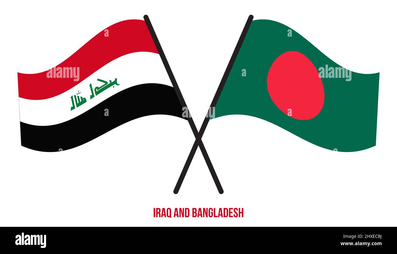 Iraq and Bangladesh Flags Crossed And Waving Flat Style. Official Proportion. Correct Colors. Stock Photo