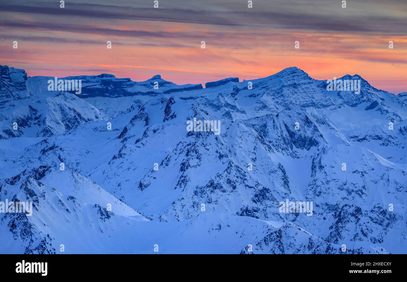 Winter sunset from the Pic du Midi de Bigorre observatory (Pyrenees, France) ESP: Atardecer de invierno desde el observatorio del Pic du Midi Pirineos Stock Photo
